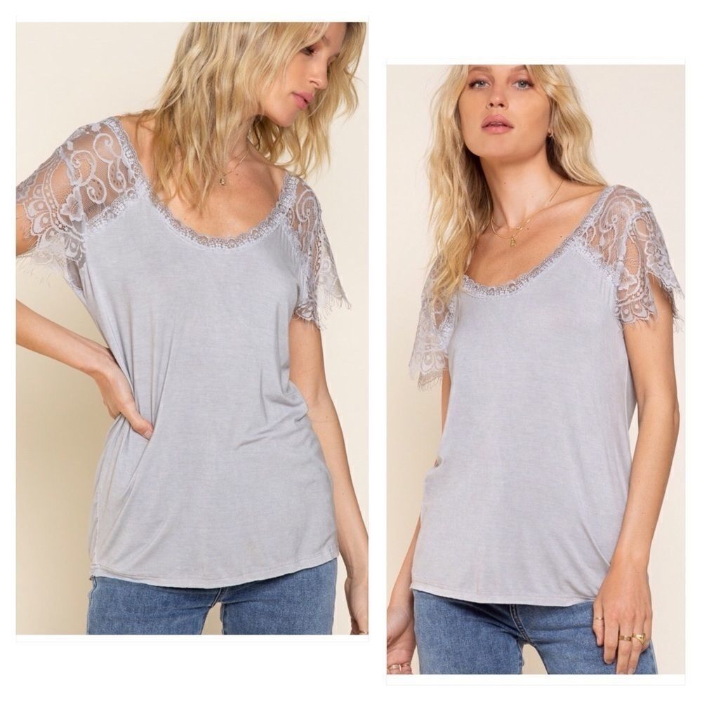 Pol Grey Scoop Neck Tee w/ Lace Scalloped Sleeves